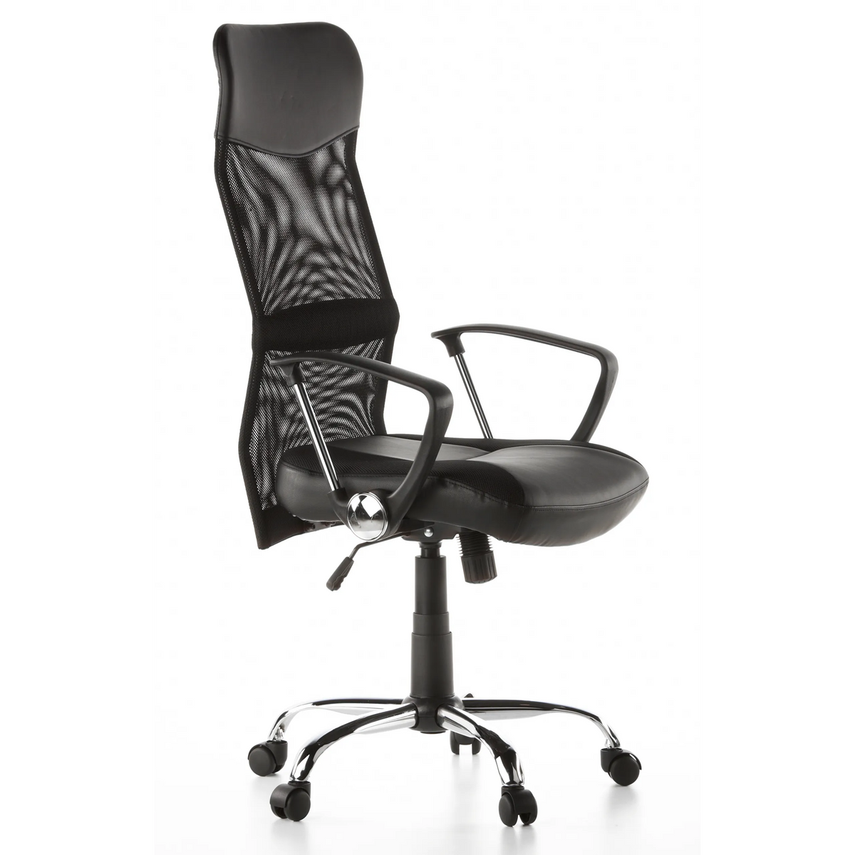 Sillón de oficina Home Office ARTON 20 negro con respaldo de malla y base de cinco ruedas de hjh OFFICE – vista de 360° (vista frontal en diagonal 60°)