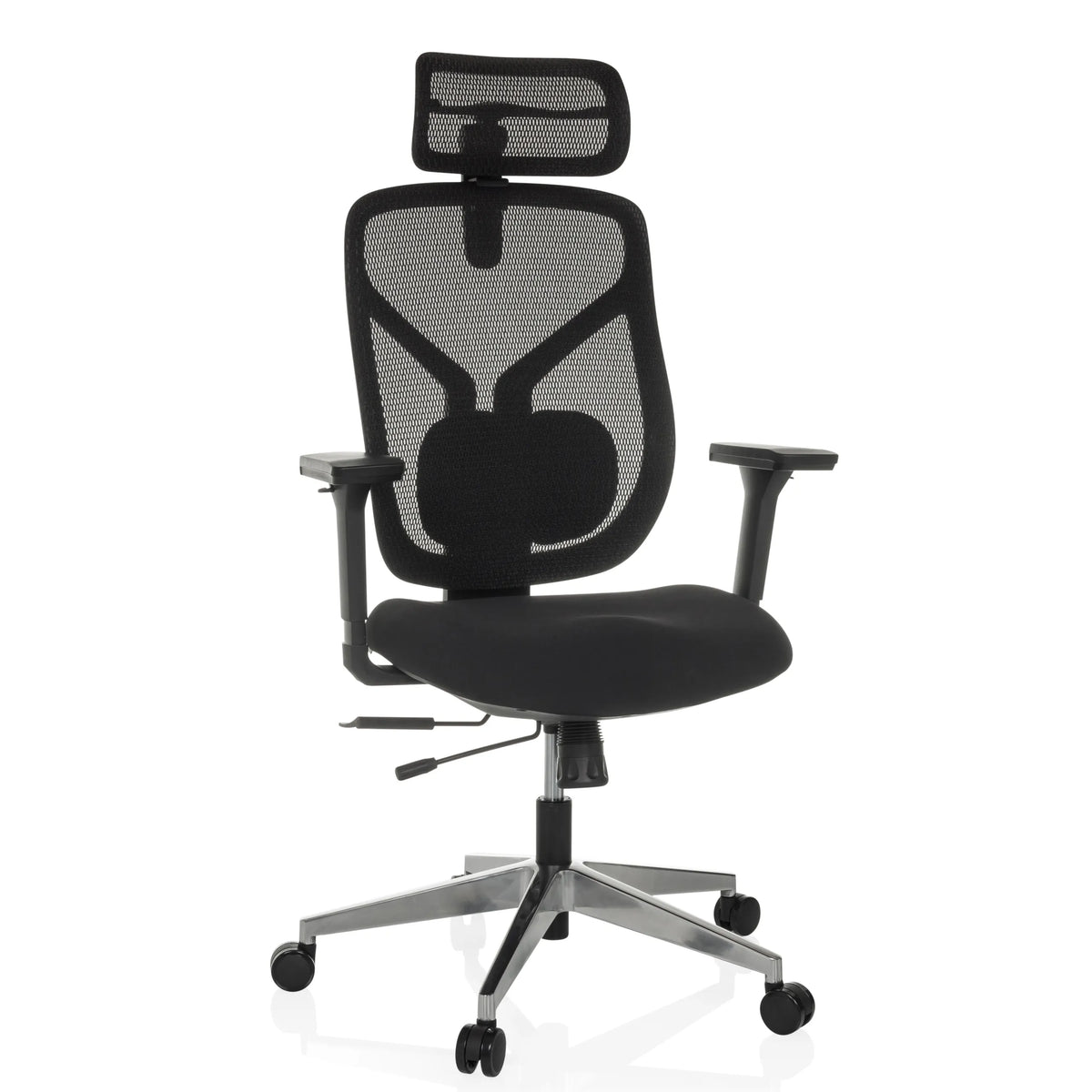 Silla alta gama CASSILIS B negra con respaldo de malla y base de cinco ruedas de hjh OFFICE – vista de 360° (vista frontal 15°)