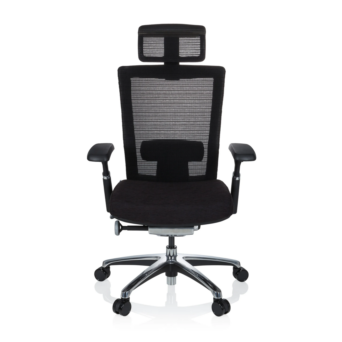 Silla alta gama NOVA PRO I negra con respaldo de malla y base de cinco ruedas de hjh OFFICE – vista de 360° (vista frontal 0°)