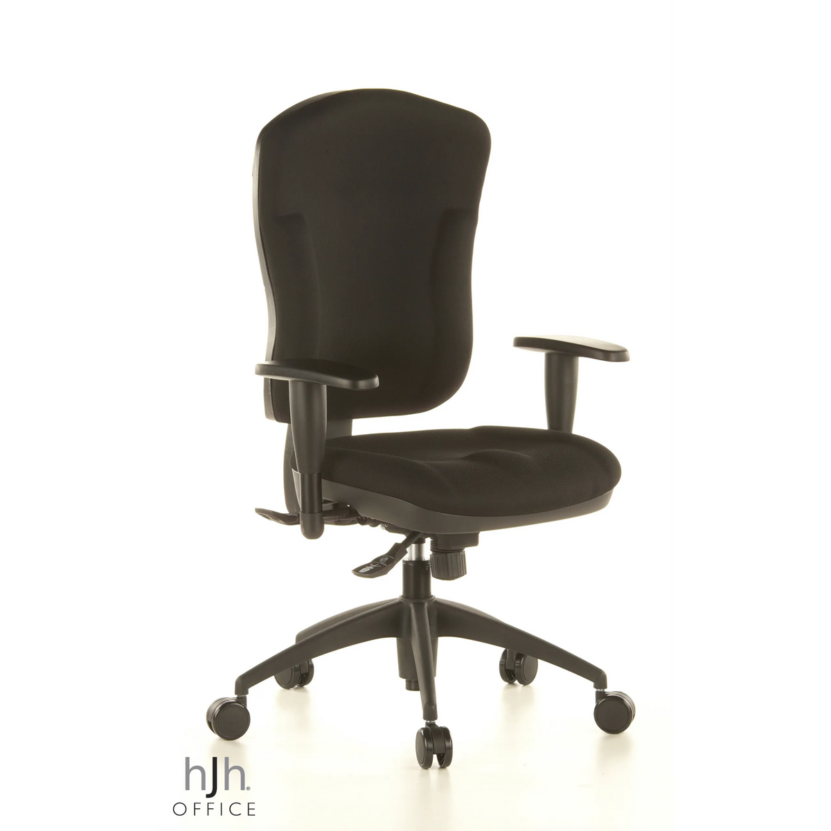 Silla de oficina profesional WELLPOINT 30 K2 negra con reposabrazos y base de cinco ruedas de Topstar – vista de 360° (vista frontal en diagonal 40°)