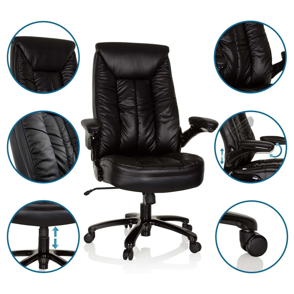 Silla giratoria XXL INSTRUCTOR III negra de cuero sintético con reposabrazos ajustables y resorte de gas de hjh OFFICE