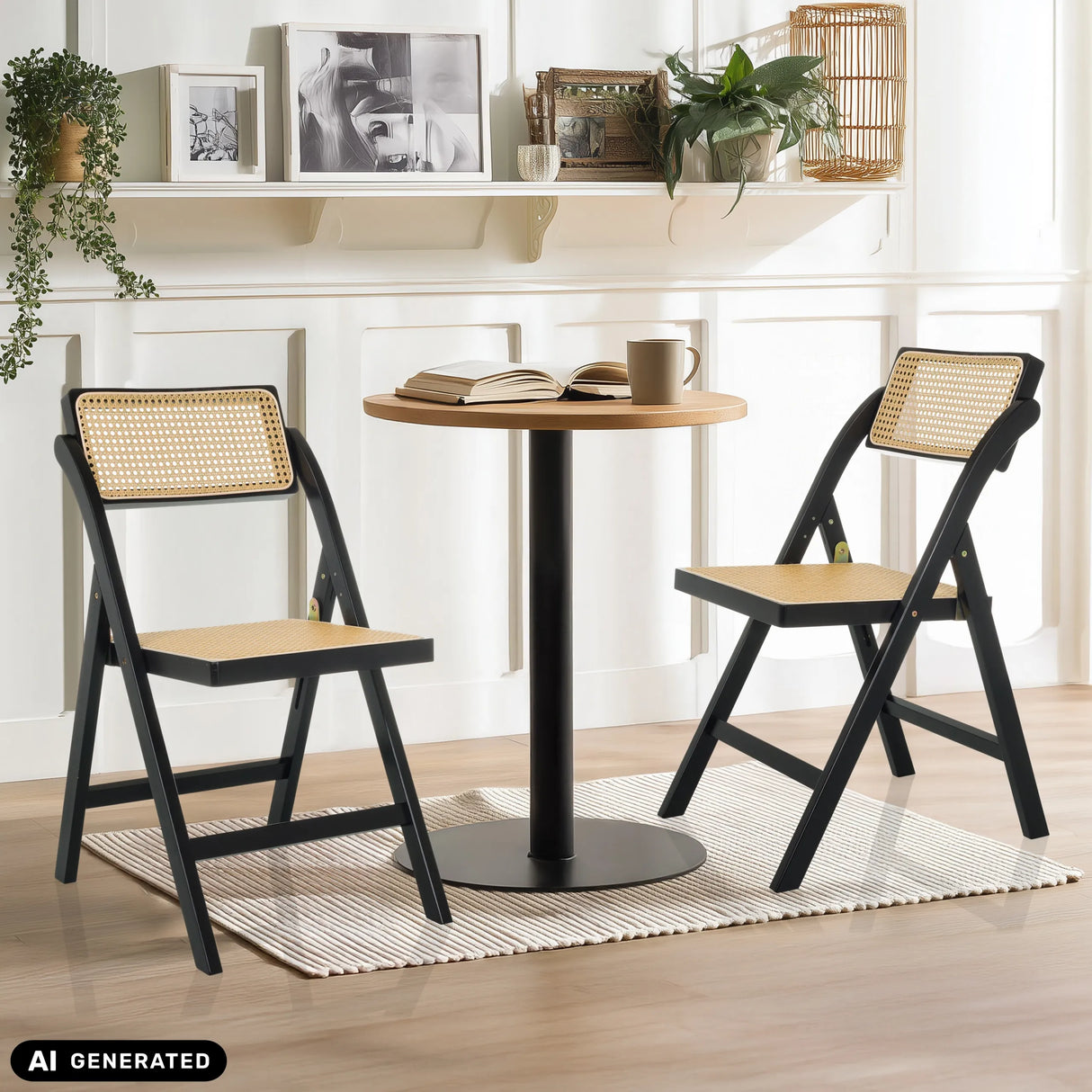 Dos sillas plegables TUDELA BAMBOO en negro y marrón con tejido vienés de hjh LIVING (imagen generada por IA)