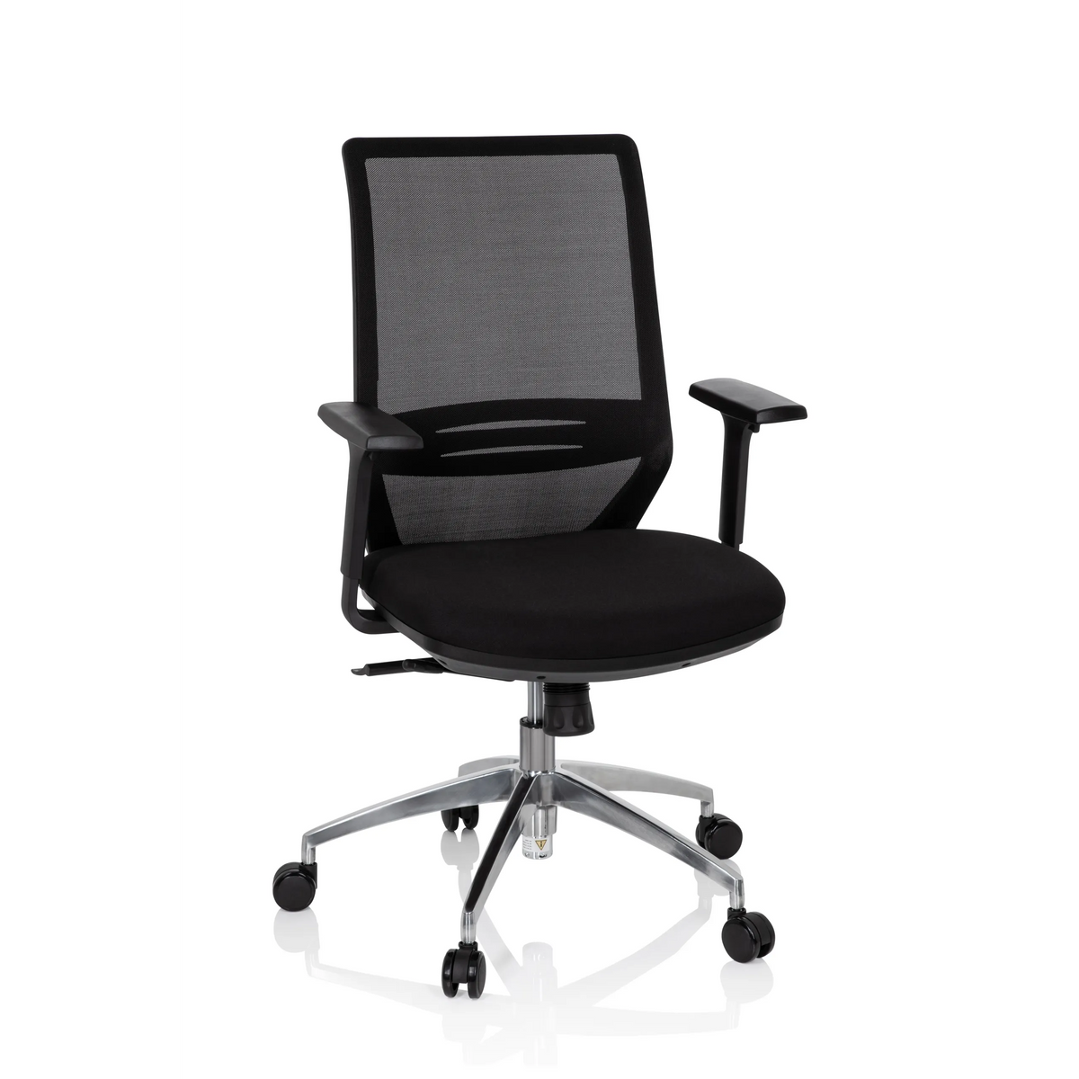 Silla de oficina profesional PROFONDO negra con respaldo de malla y base de cinco ruedas de hjh OFFICE – vista de 360° (vista frontal 20°)