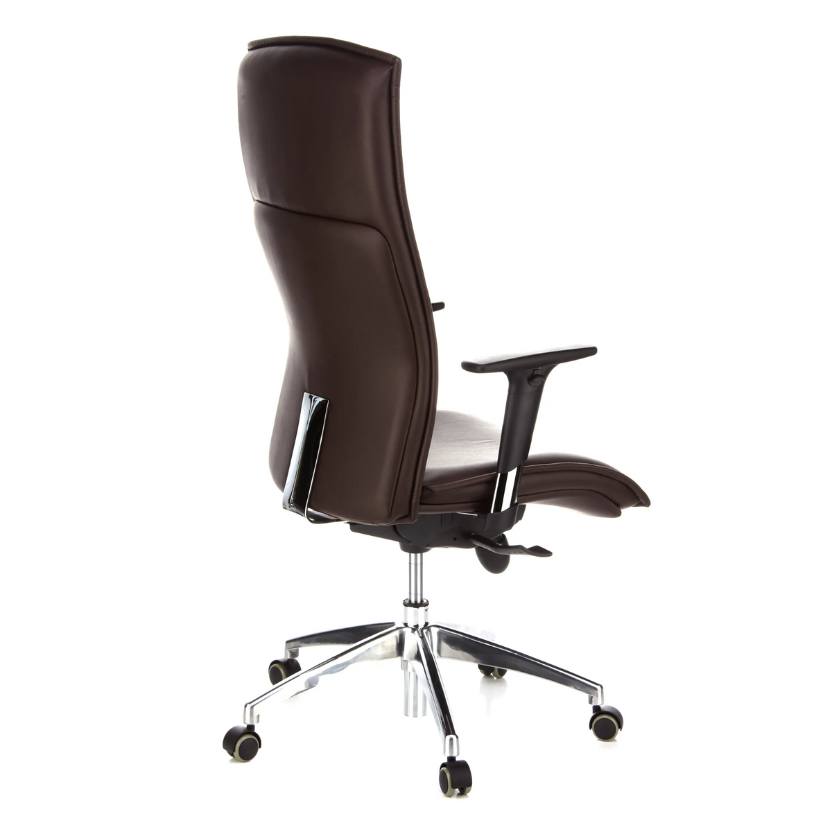 Sillón de alta gama MURANO 20 marrón oscuro con reposabrazos y base de cinco ruedas de hjh OFFICE – vista de 360° (vista trasera en diagonal 120°)