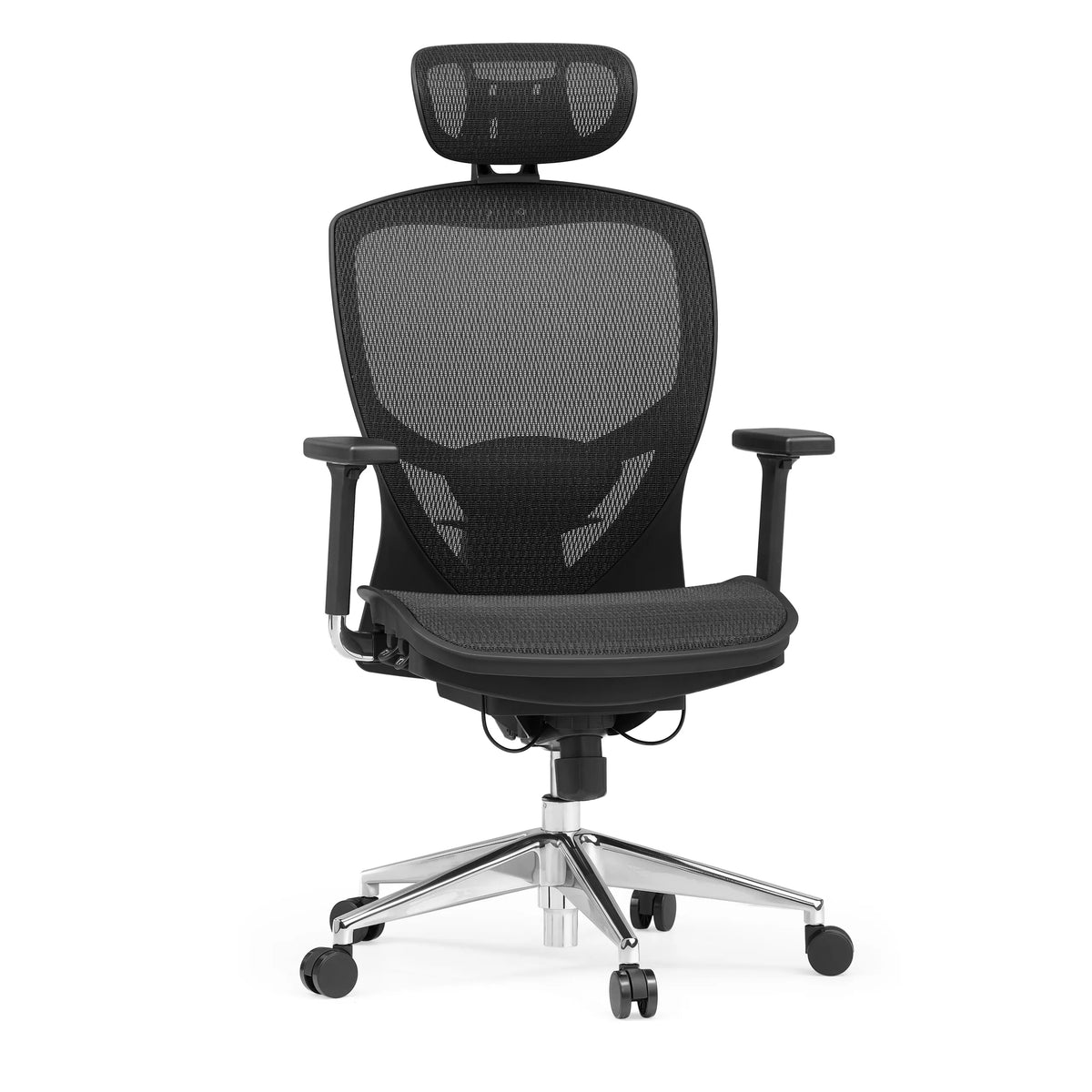 Silla alta gama VENUS ONE negra con respaldo de malla y base de cinco ruedas de hjh OFFICE – vista de 360° (vista frontal 15°)