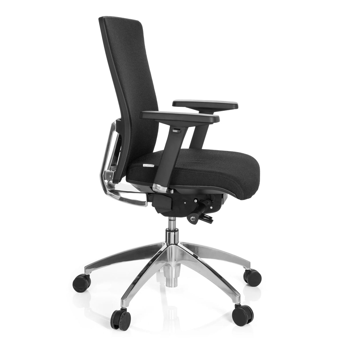 Silla de oficina profesional ASTRA BASE negra con reposabrazos y base de cinco ruedas de hjh OFFICE – vista de 360° (vista lateral 80°)