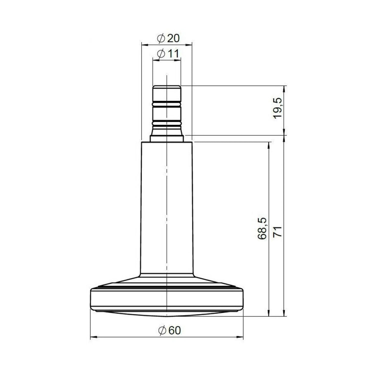 Dibujo técnico del deslizador para sillas STATO-M con un diámetro de 60 mm de hjh OFFICE