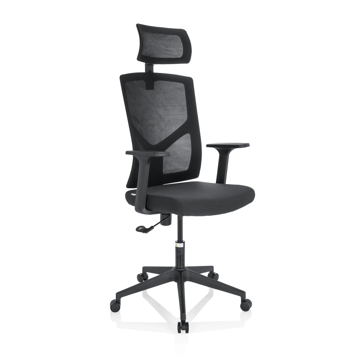 Silla Home Office BRETON B negra con respaldo de malla, reposacabezas y base de cinco ruedas de hjh OFFICE – vista de 360° (vista frontal en diagonal 40°)