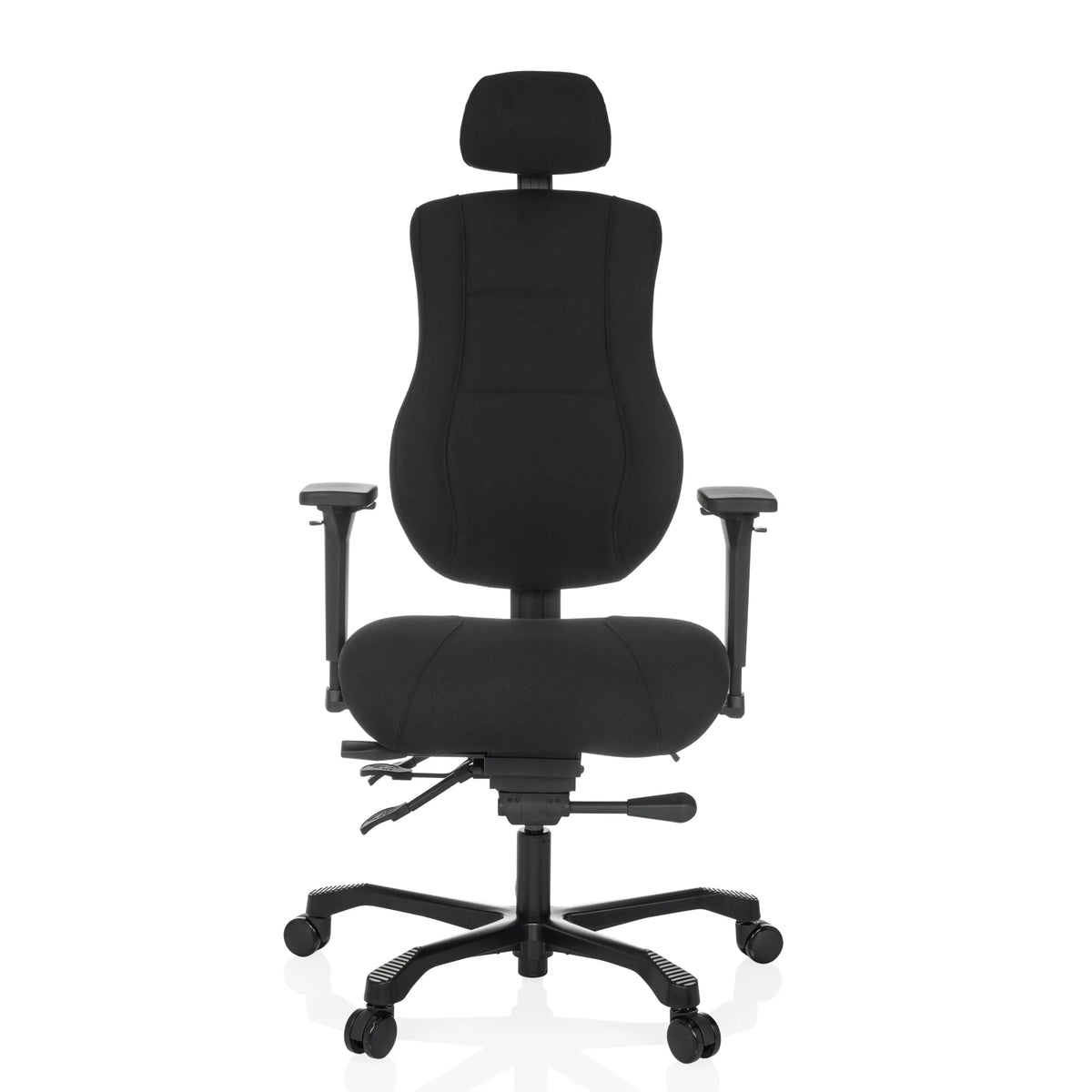 Silla giratoria XXL 24 HOURS BASIC negra con reposacabezas y base de cinco ruedas de hjh OFFICE – vista de 360° (vista frontal 0°)