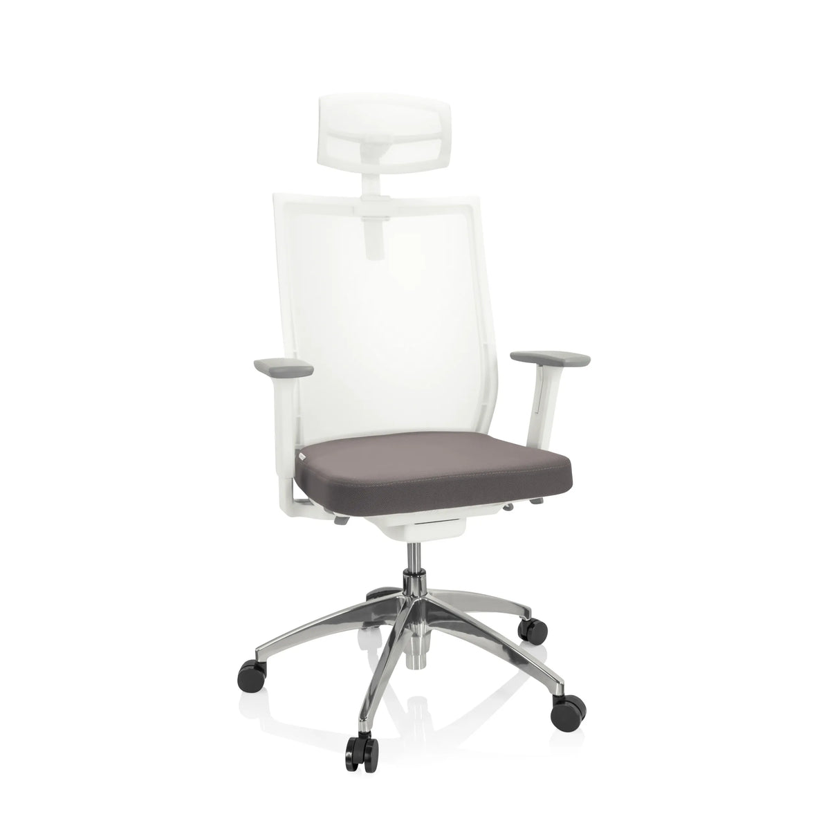 Silla de oficina profesional ASPEN WHITE PRO en gris y blanco con respaldo de malla, reposacabezas y base de cinco ruedas de hjh OFFICE – vista de 360° (vista frontal 20°)