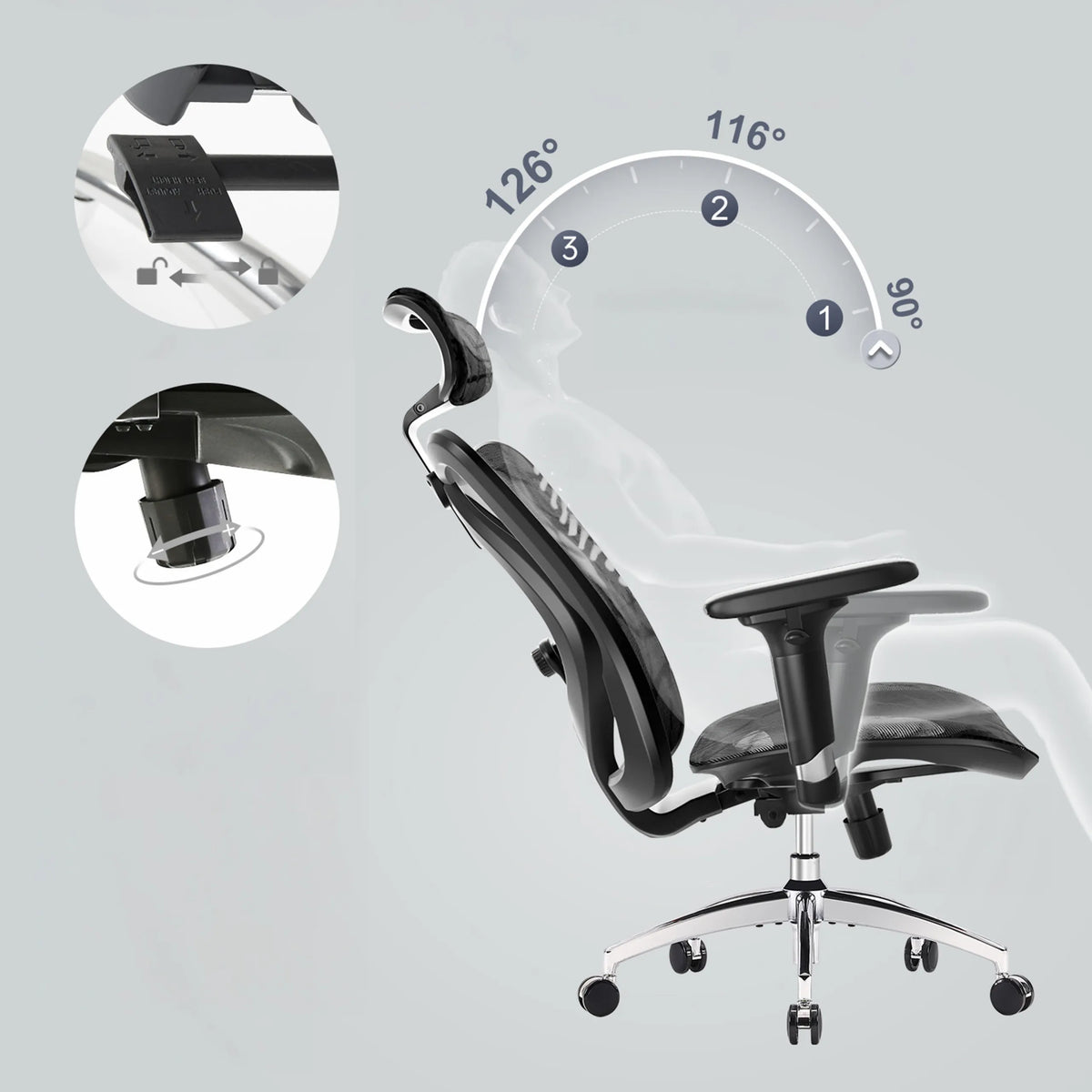 Respaldo ajustable de la silla de oficina profesional M57-M015 con tres ángulos de inclinación de 90°, 116° y 126° de Sihoo