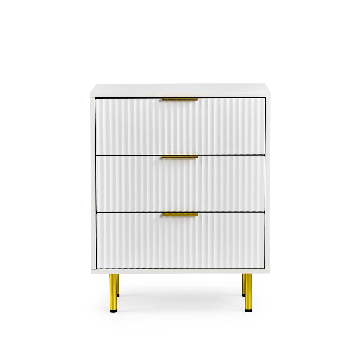 Cómoda blanca Hjelle K con tres cajones acanalados, tiradores dorados y cuatro patas de color dorado de hjh LIVING – vista de 360° (vista frontal 0°)