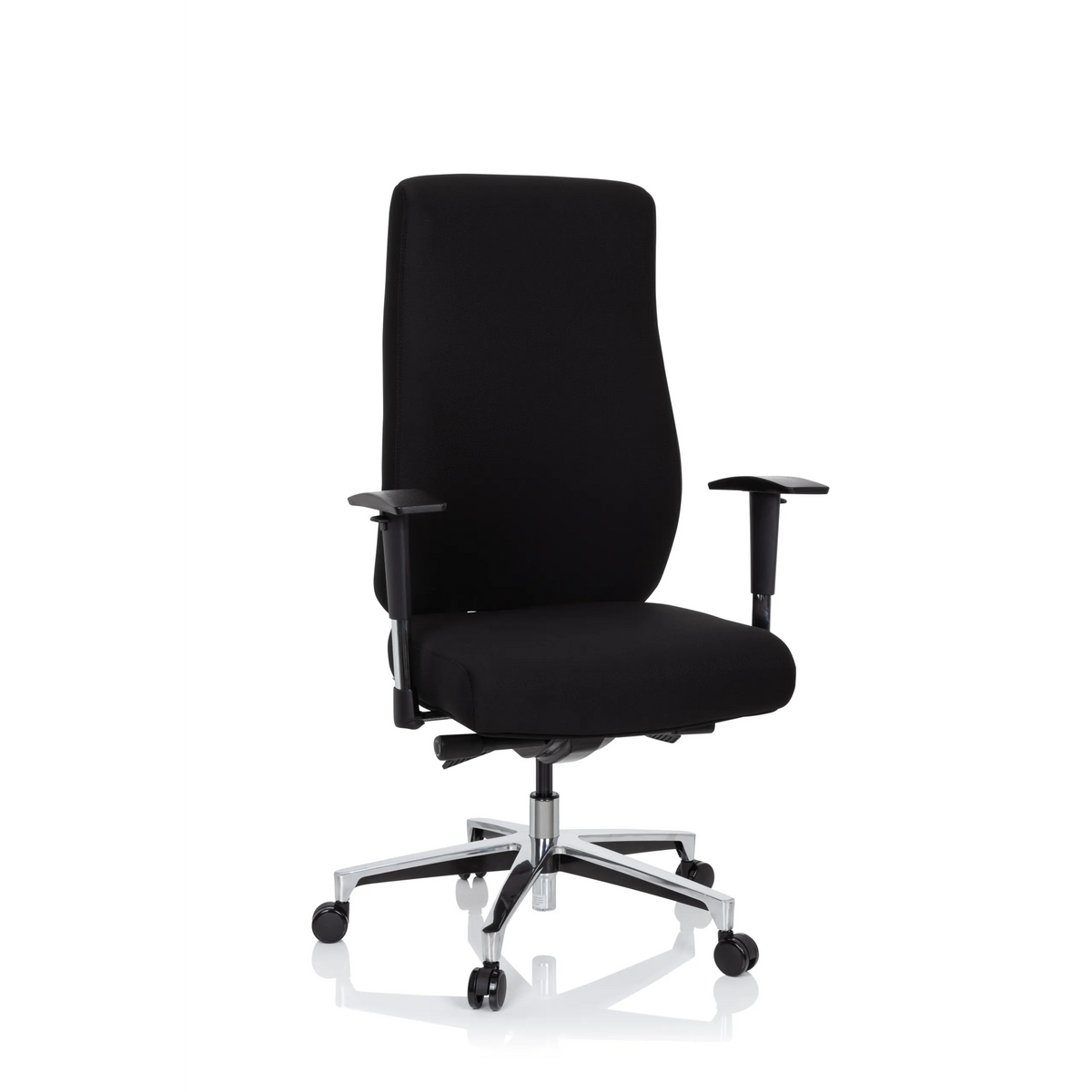 Silla de oficina profesional FORCOM negra con reposabrazos y base de cinco ruedas de hjh OFFICE – vista de 360° (vista frontal 20°)