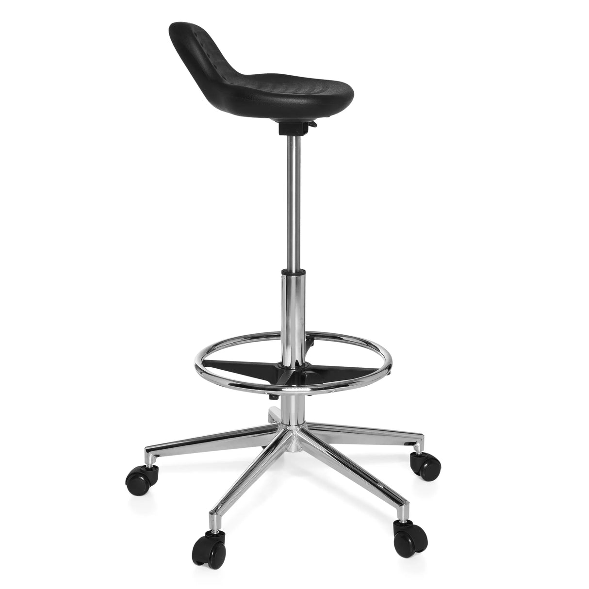 taburete giratorio negro TOP WORK 03 con aro reposapiés y base de cinco ruedas de hjh OFFICE – vista de 360° (vista lateral 80°)