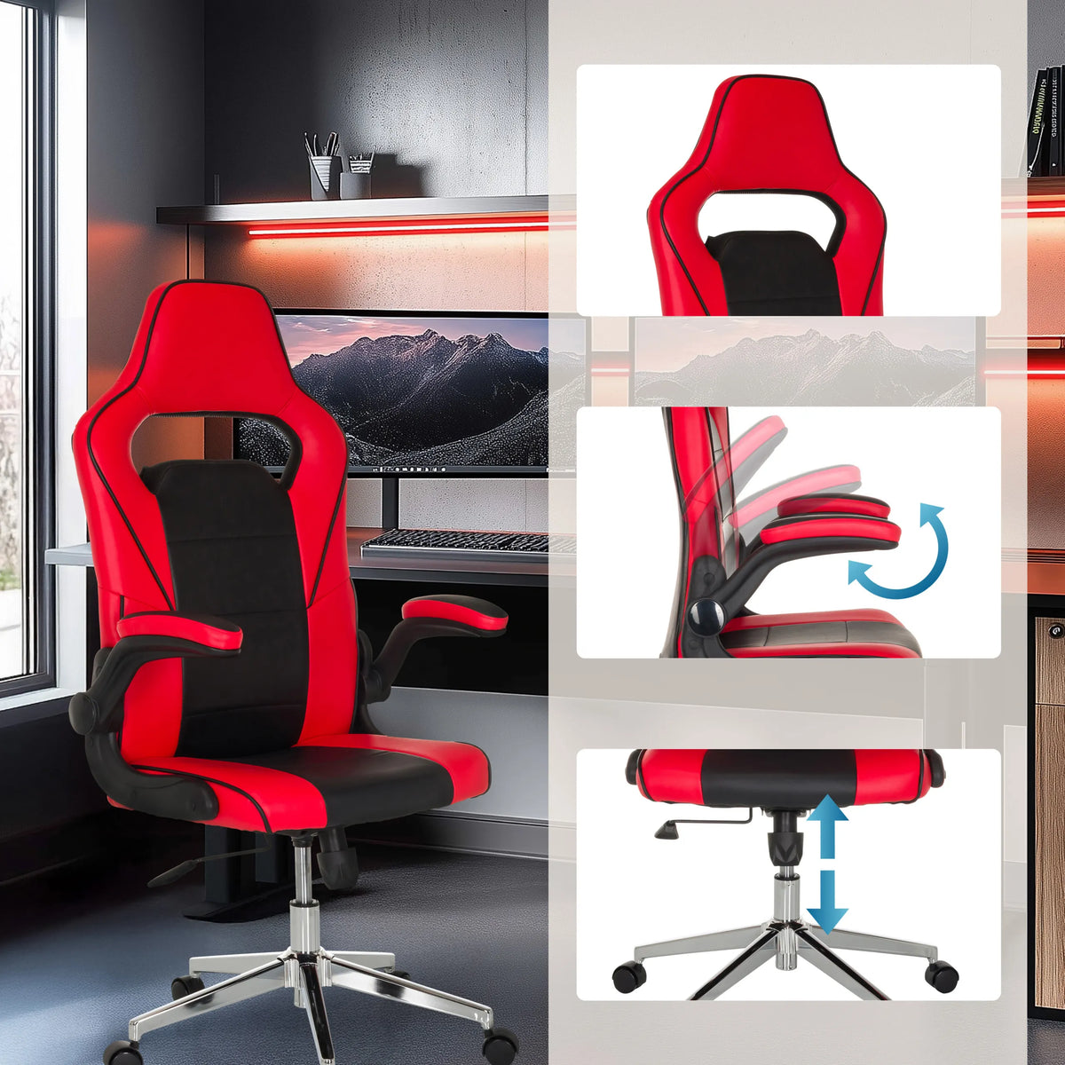 Silla gaming GAME SPORT PRO en rojo y negro con reposabrazos ajustables y asiento regulable en altura de MyBuero