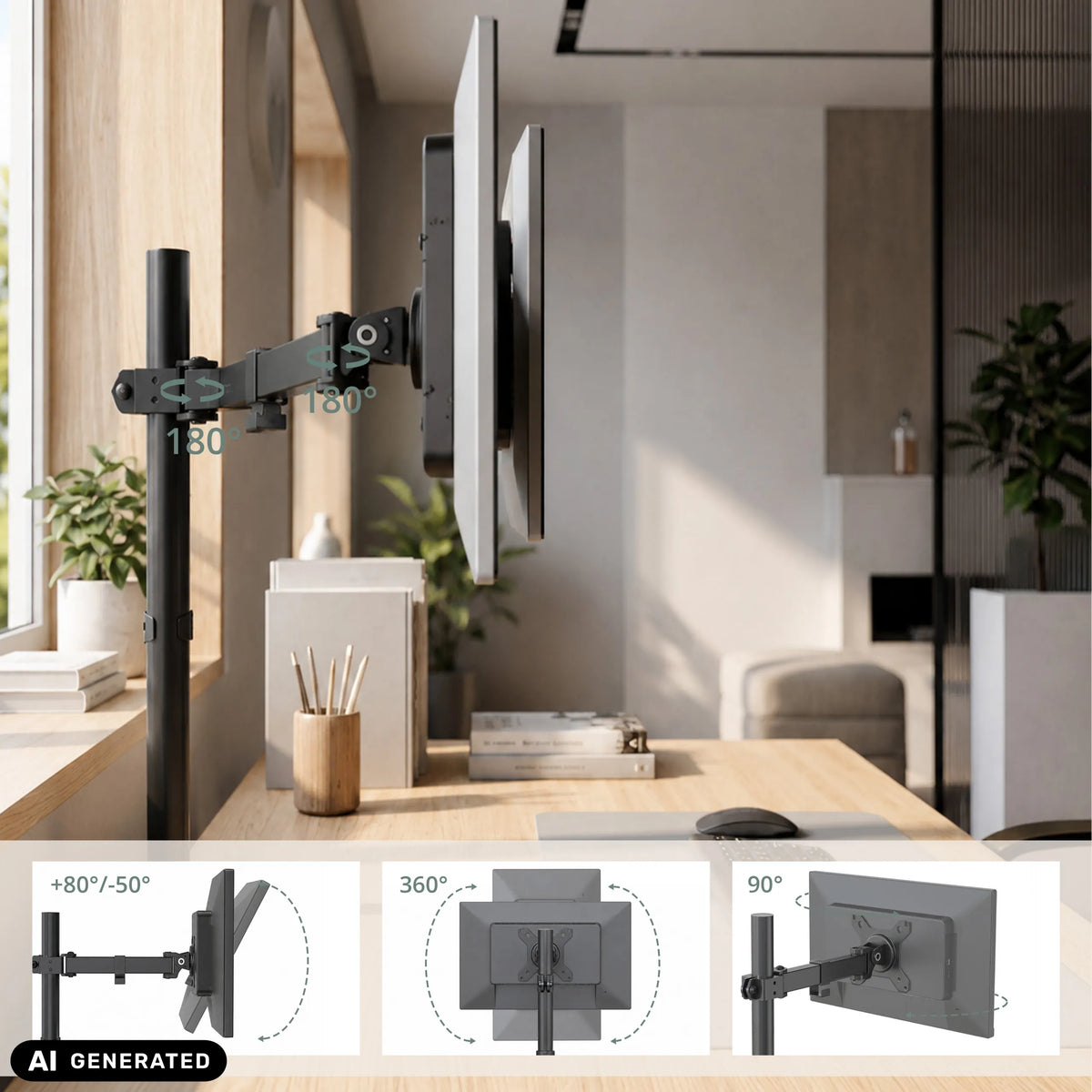 Articulaciones ajustables del soporte de monitor Ergomount M2 con especificaciones de ángulos de giro de hjh OFFICE (imagen generada por IA)