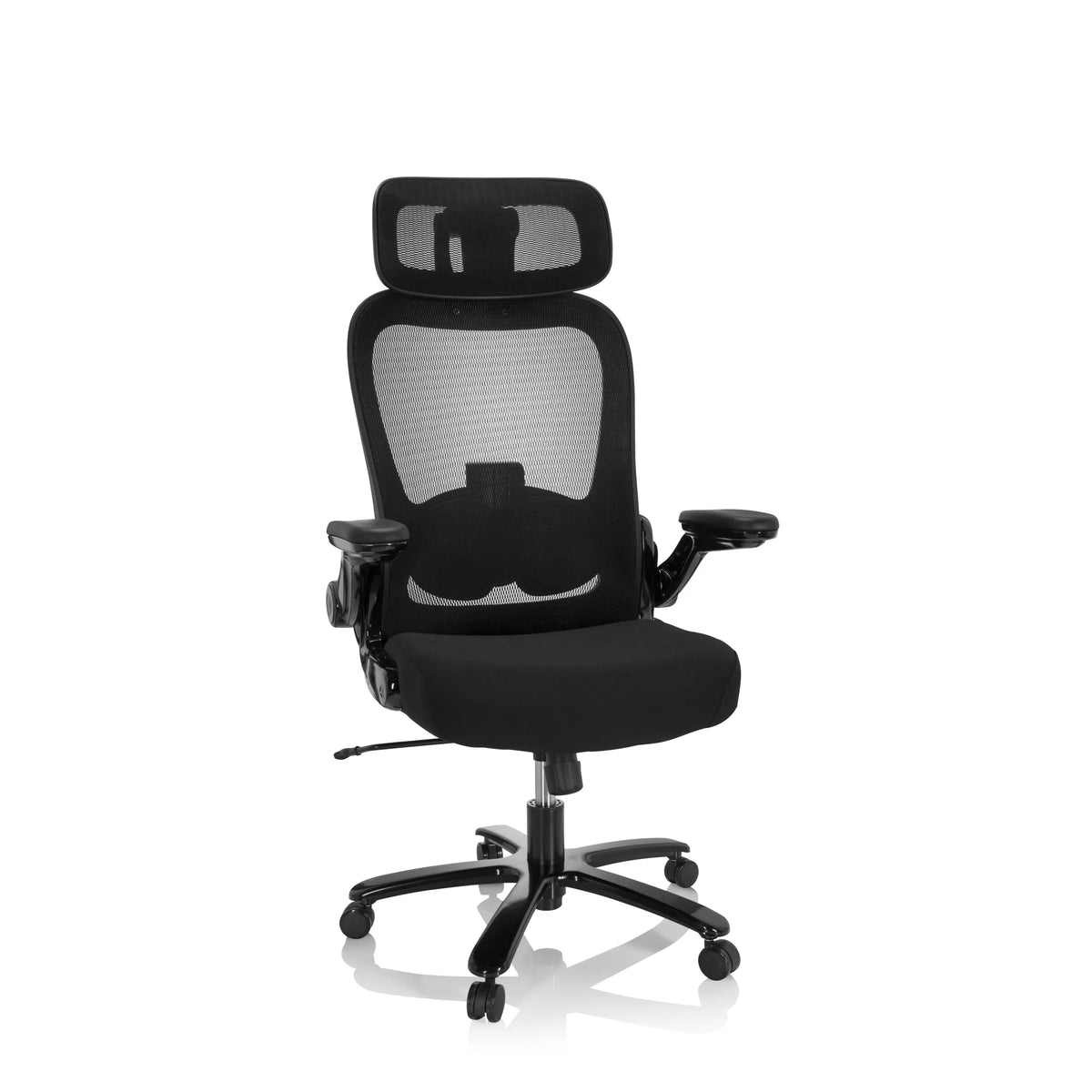 Silla giratoria XXL INSTRUCTOR SW I PRO negra con respaldo de malla, reposacabezas y base de cinco ruedas de hjh OFFICE – vista de 360° (vista frontal 20°)
