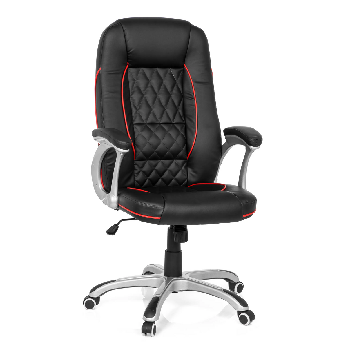 Silla gaming RELAX AB100 negra con costuras decorativas rojas, acolchado y base de cinco ruedas de MyBuero – vista de 360° (vista frontal 20°)
