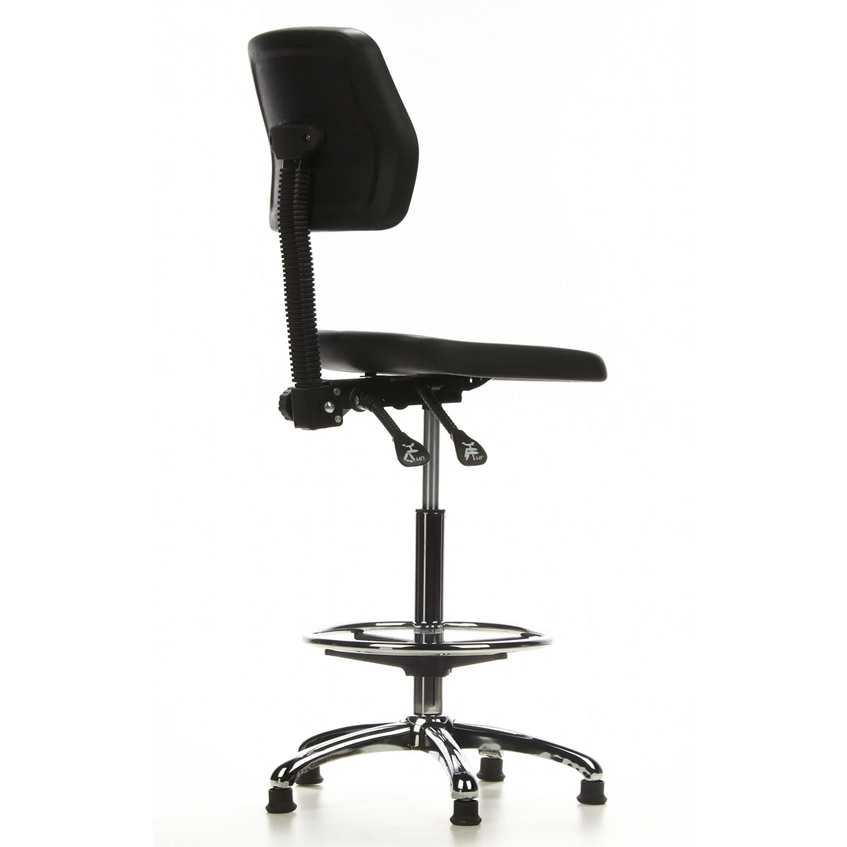 Silla de mostrador TOP WORK 11 negra con reposapiés y base de cinco radios de hjh OFFICE – vista de 360° (vista trasera en diagonal 120°)