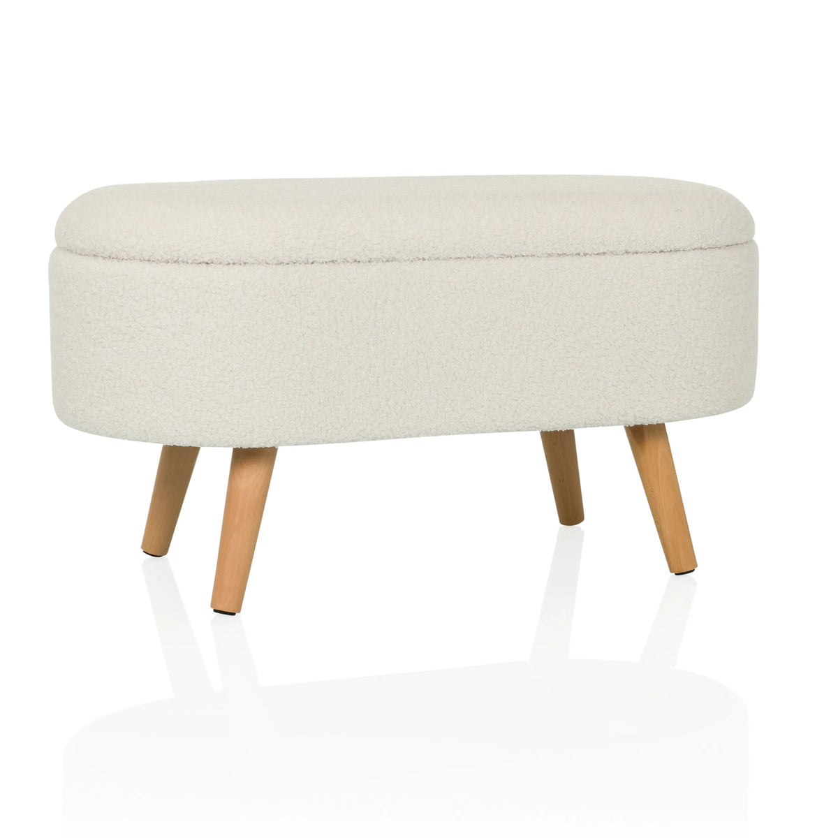 Banco blanco STORIANO con tapizado de tela estructurada y cuatro patas de madera de hjh LIVING – vista de 360° (vista frontal 15°)