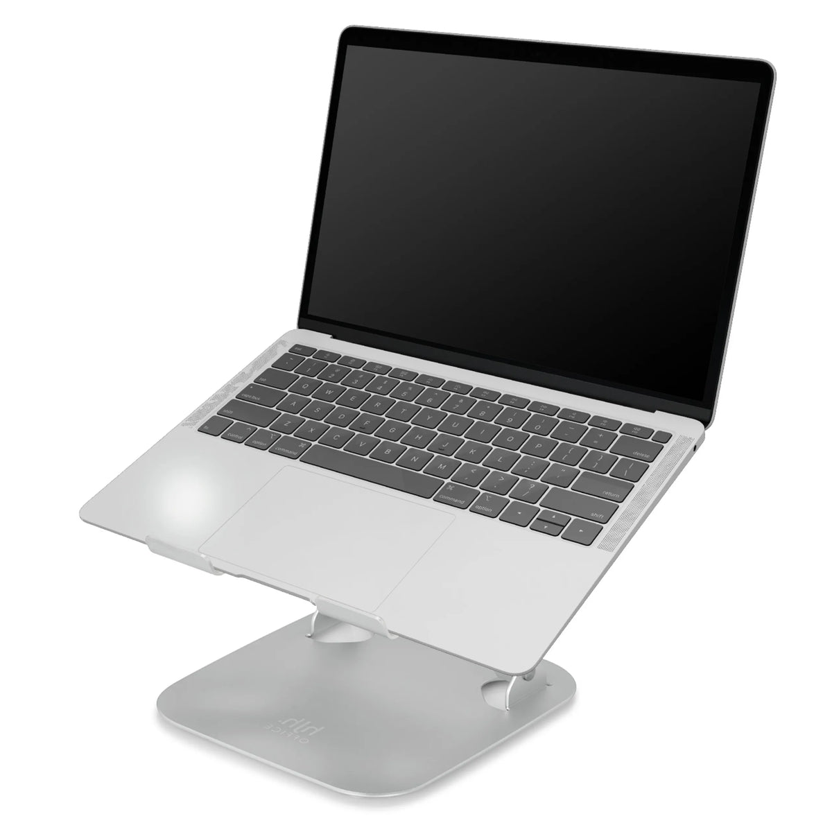 Soporte para portátil LAPTOP STAND plateado con un portátil colocado encima en posición inclinada de hjh OFFICE