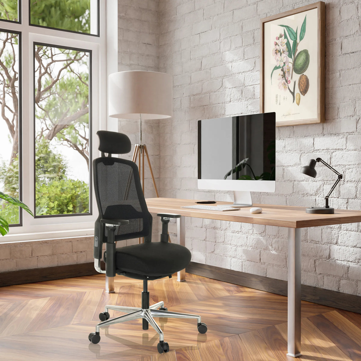 Silla de oficina profesional TERARO AX negra con respaldo de malla y reposacabezas de hjh OFFICE