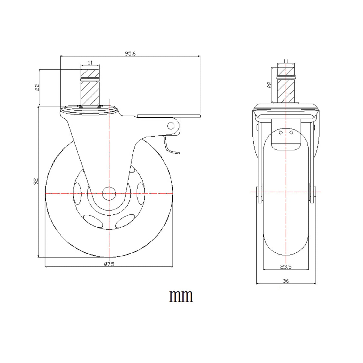 Dibujo técnico de una rueda para sillas 5x ROLO SKATE CT 11mm/75mm con un diámetro de 75 mm de hjh OFFICE