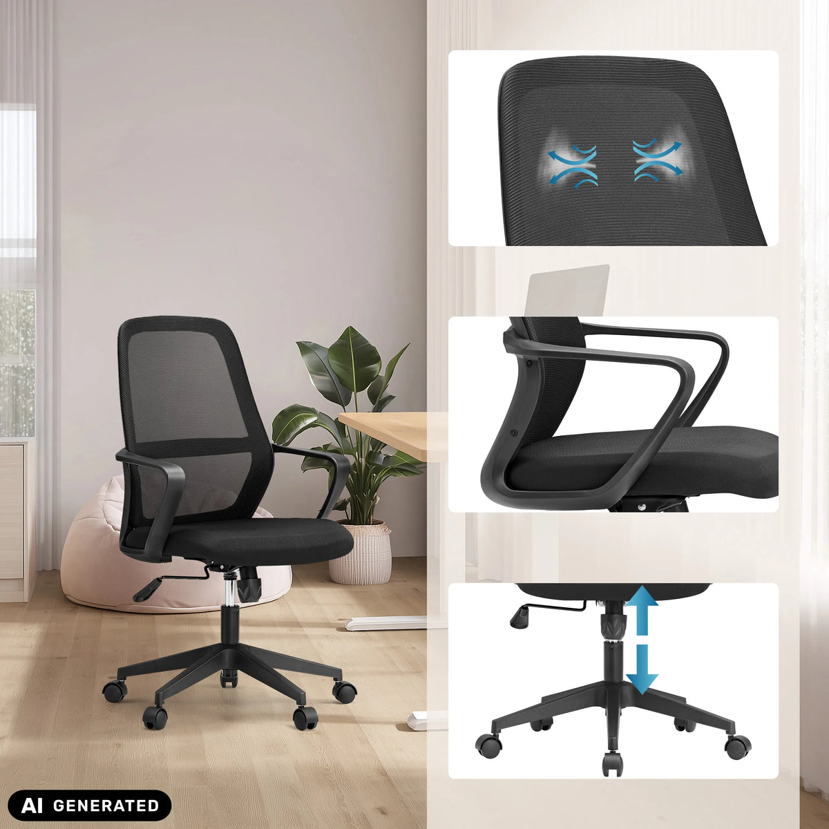 Silla Home Office Explorer en negro con respaldo de malla, reposabrazos y pistón de gas de MyBuero (imagen generada por IA)