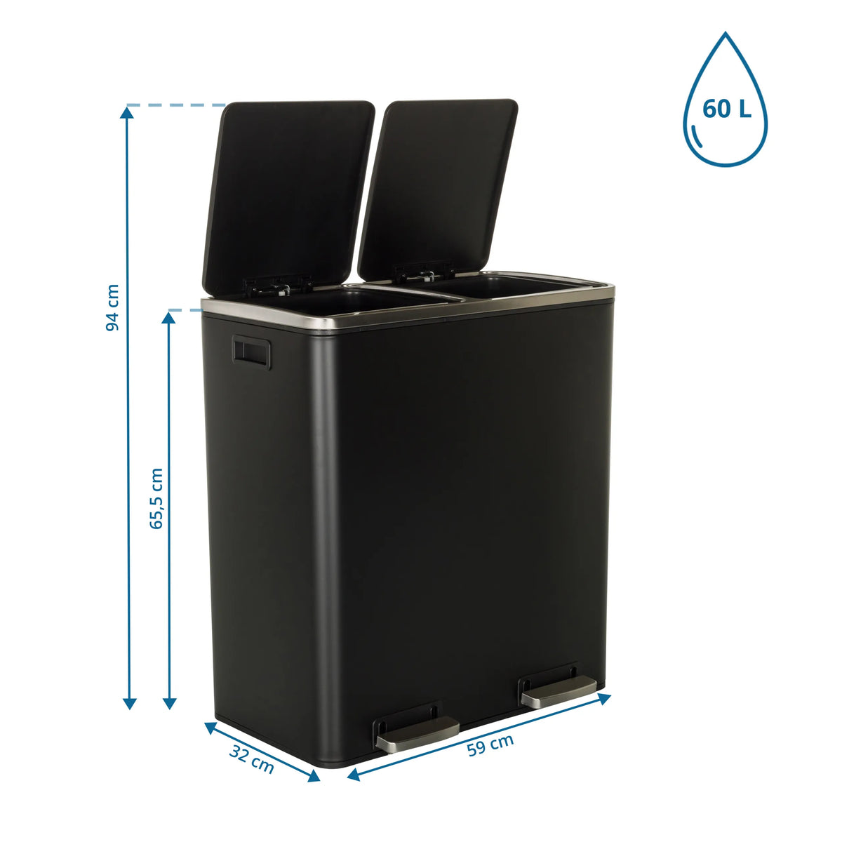 Dibujo dimensional de la papelera CLEAN XI con una altura de 94 cm y una capacidad de 60 l de hjh OFFICE