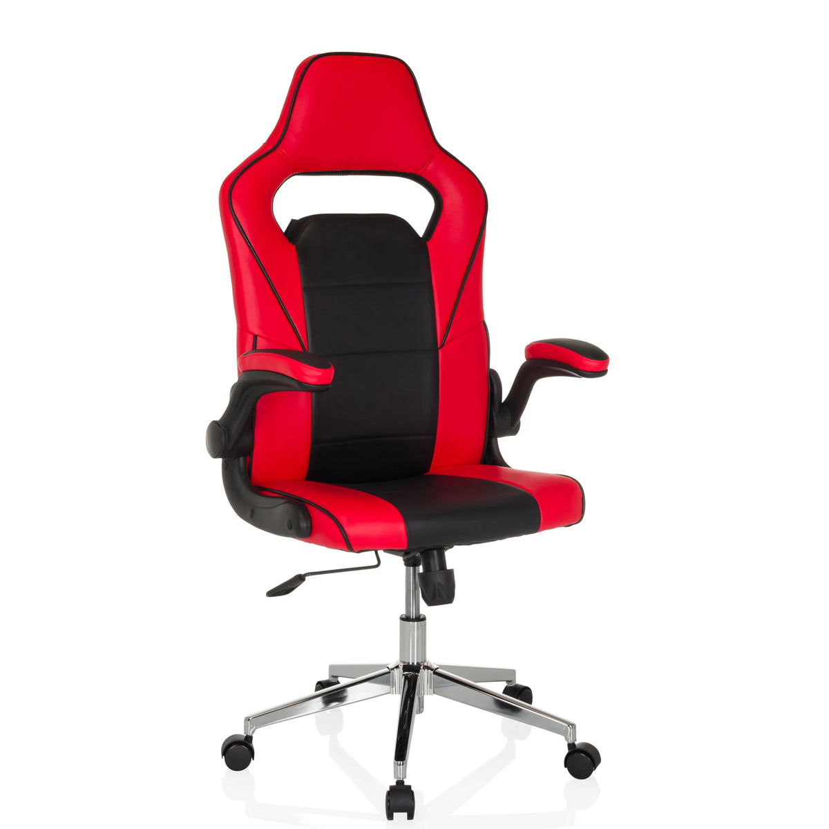 Silla gaming GAME SPORT PRO en color rojo y negro con reposabrazos y base de cinco ruedas de MyBuero – vista de 360° (vista frontal 15°)