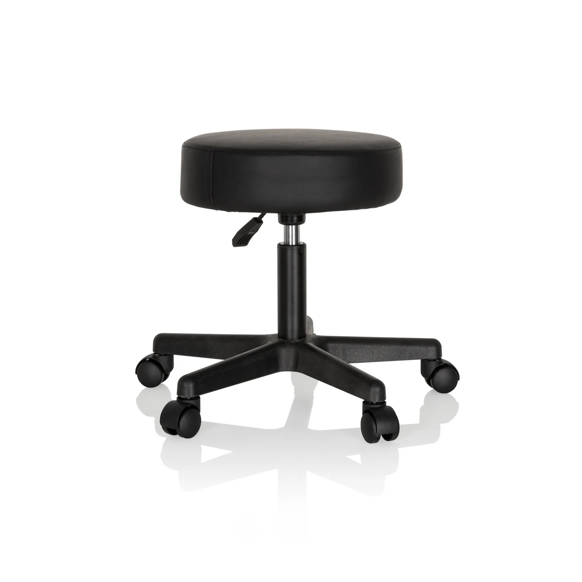 taburete giratorio negro OPERATOR I con asiento acolchado y base de cinco ruedas de hjh OFFICE – vista de 360° (vista trasera en diagonal 140°)