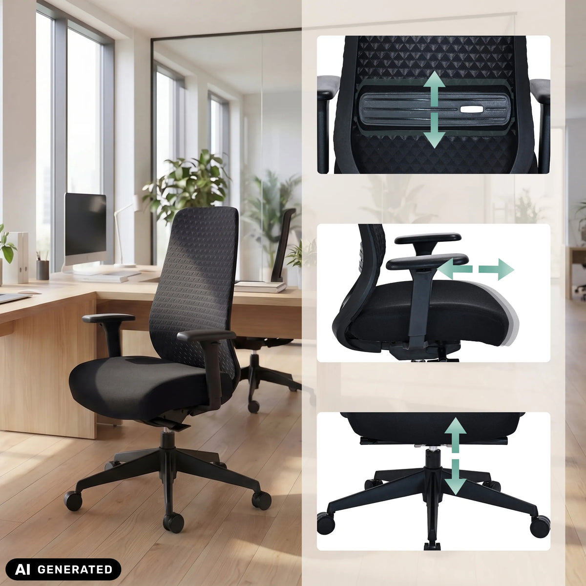 Funciones de altura regulable de la silla de oficina profesional Verviq en negro de hjh OFFICE (imagen generada por IA)