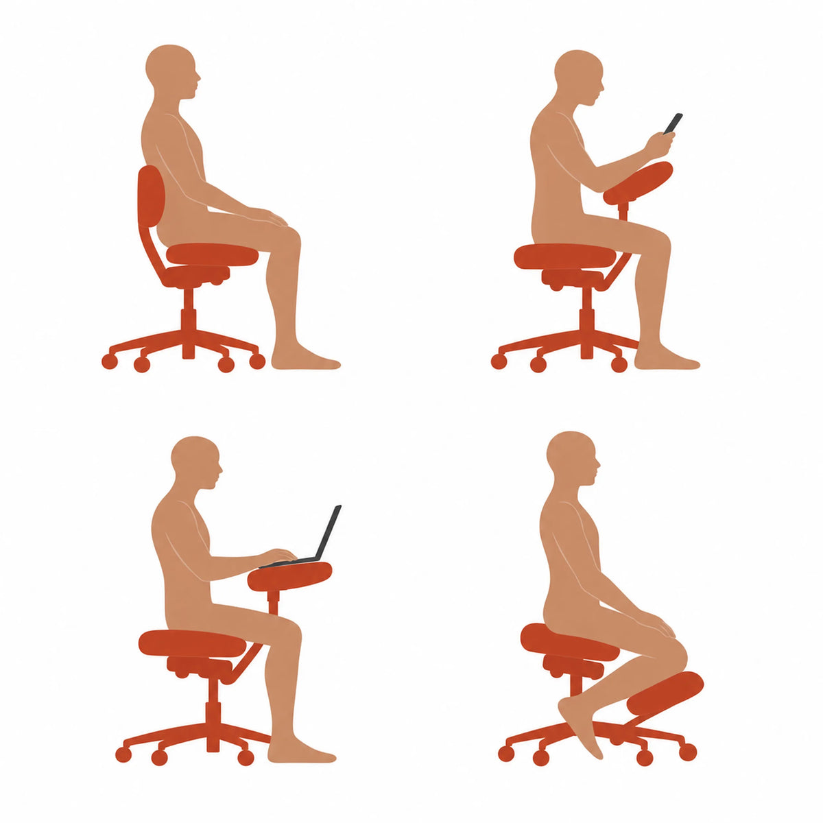 Representación esquemática de cuatro posiciones de asiento diferentes en la silla ergonómica de rodillas EvoShift de hjh OFFICE