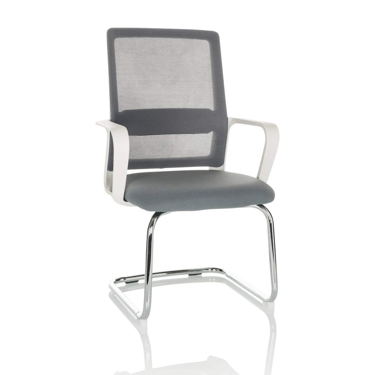 Silla de viga voladiza VISITER W gris con respaldo de malla, reposabrazos y estructura cromada de hjh OFFICE – vista de 360° (vista frontal 15°)