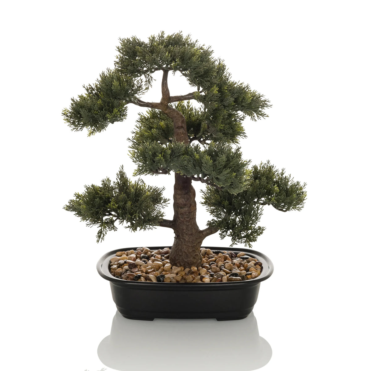 Planta artificial verde BONSAI en forma de bonsái en una maceta negra con guijarros de hjh OFFICE – vista de 360° (vista lateral 90°)