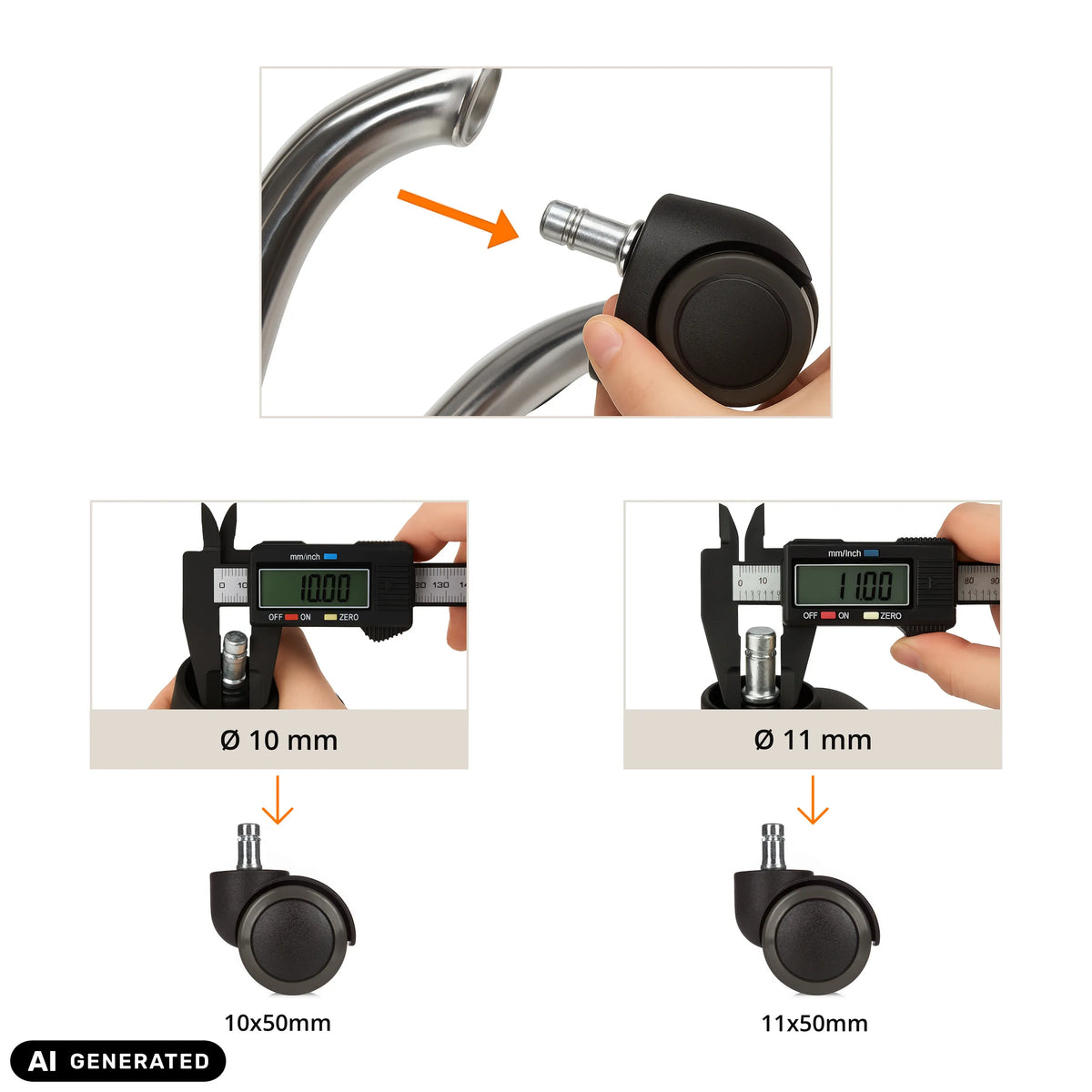 Comparativa de tamaño de las ruedas para sillas 5x ROLO 11mm/50mm con diámetros de perno de 10 mm y 11 mm de hjh OFFICE (imagen generada por IA)