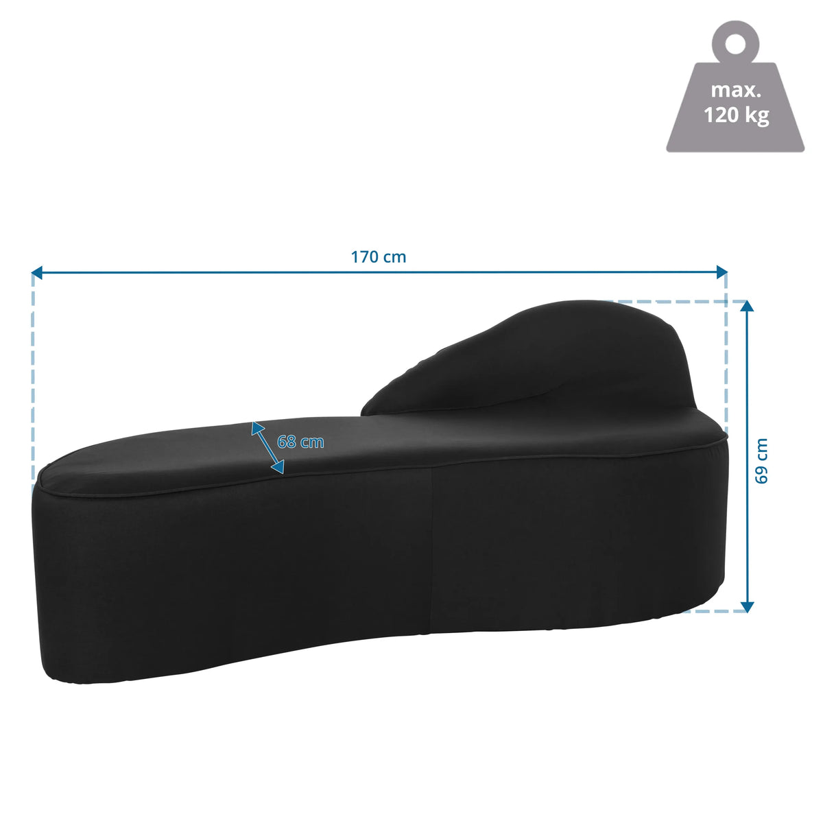 Maßzeichnung des Loungesofas BARACOA mit einer Länge von 170 cm und einer Breite von 68 cm von hjh OFFICE