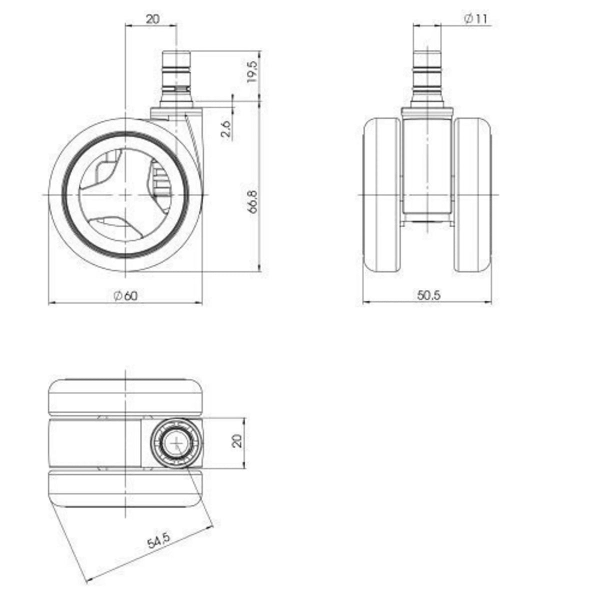 Dibujo técnico de las Ruedas para sillas 5x ROLO GAME No-Noise 11mm/60mm con un diámetro de 60 mm de hjh OFFICE