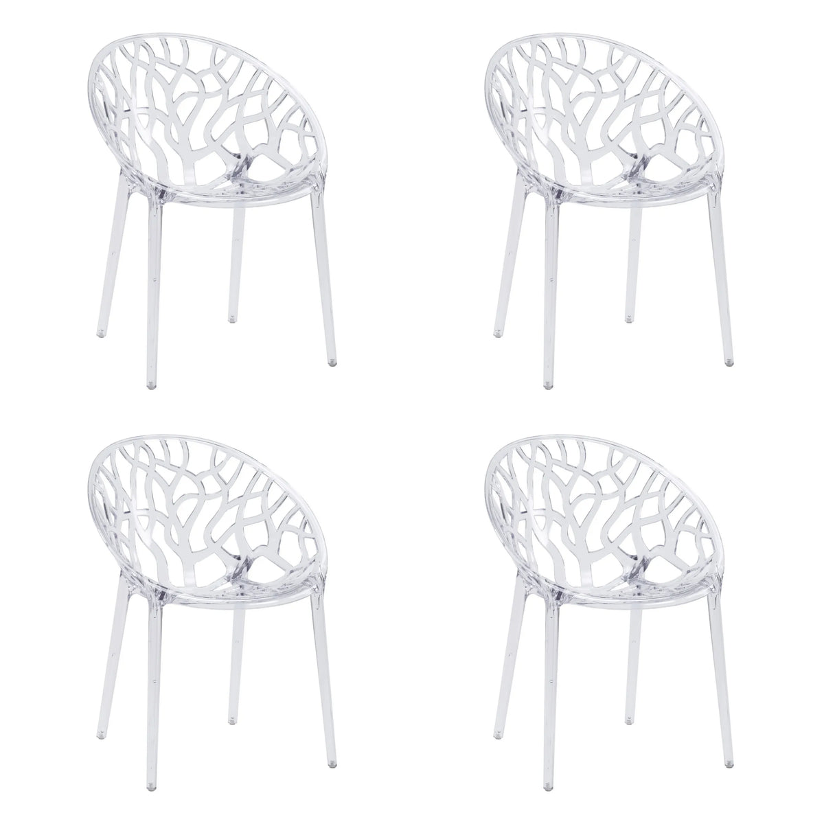 Set de cuatro sillas de cuatro patas Artifo T transparentes con respaldo de patrón orgánico de hjh LIVING