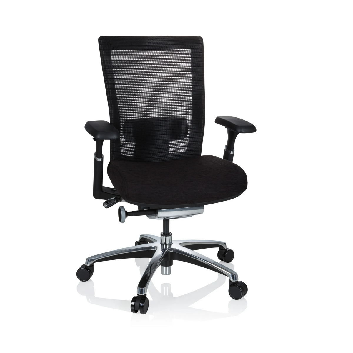 Silla alta gama NOVA PRO ALU negra con respaldo de malla y base de cinco ruedas de hjh OFFICE – vista de 360° (vista frontal 20°)