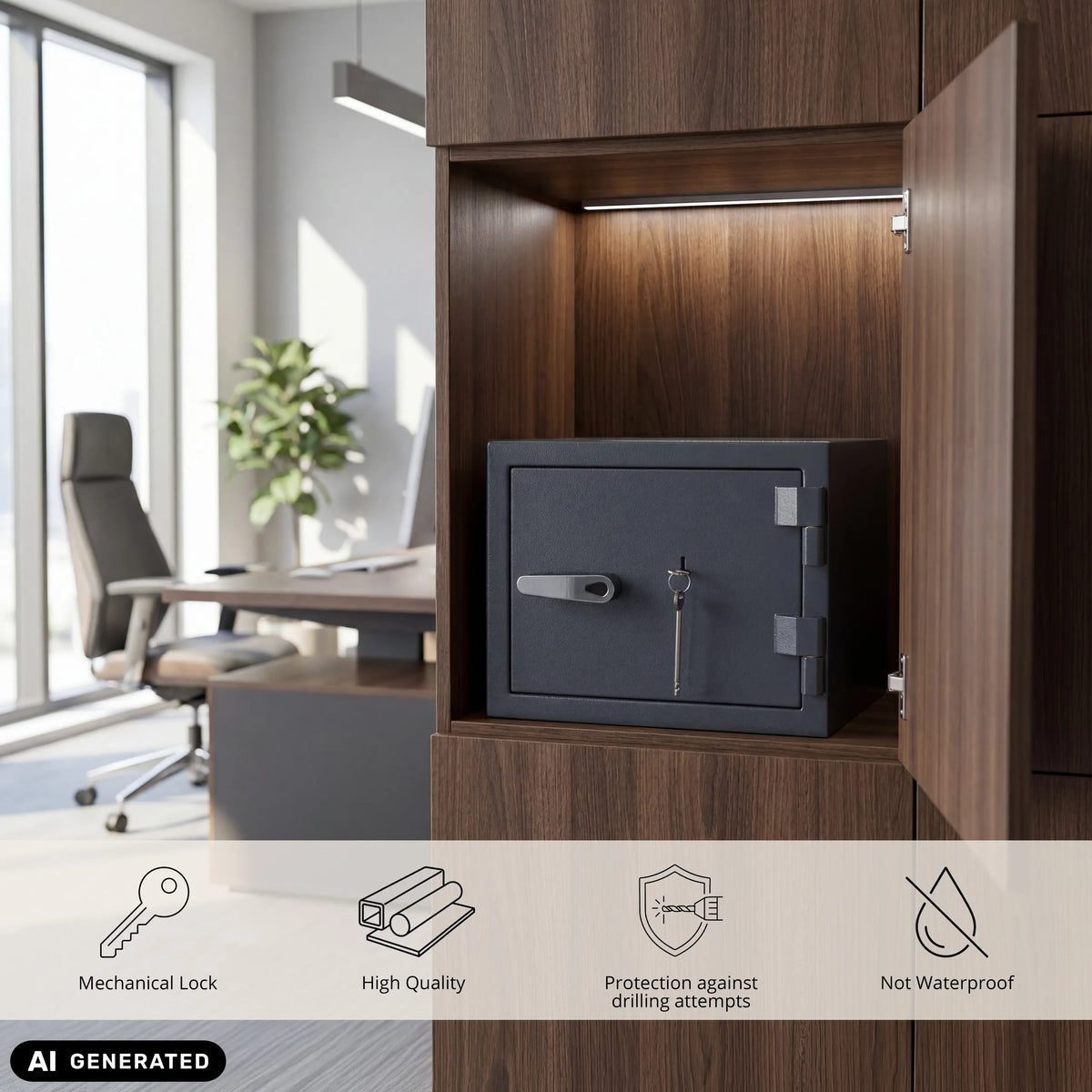 Caja fuerte Safe Compact Pro de color antracita con cerradura mecánica en un armario de hjh OFFICE (imagen generada por IA)