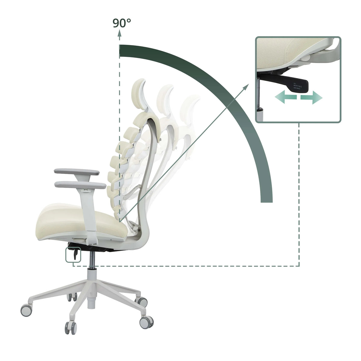 Respaldo ajustable de la silla de oficina profesional ERGO LINE W con un ángulo de inclinación de hasta 90° de hjh OFFICE