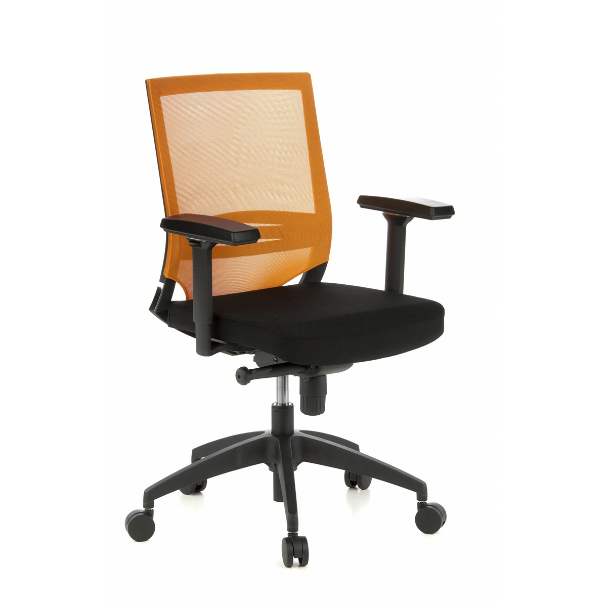 Silla de oficina profesional PORTO BASE en negro y naranja con respaldo de malla y base de cinco ruedas de hjh OFFICE – vista de 360° (vista frontal en diagonal 40°)