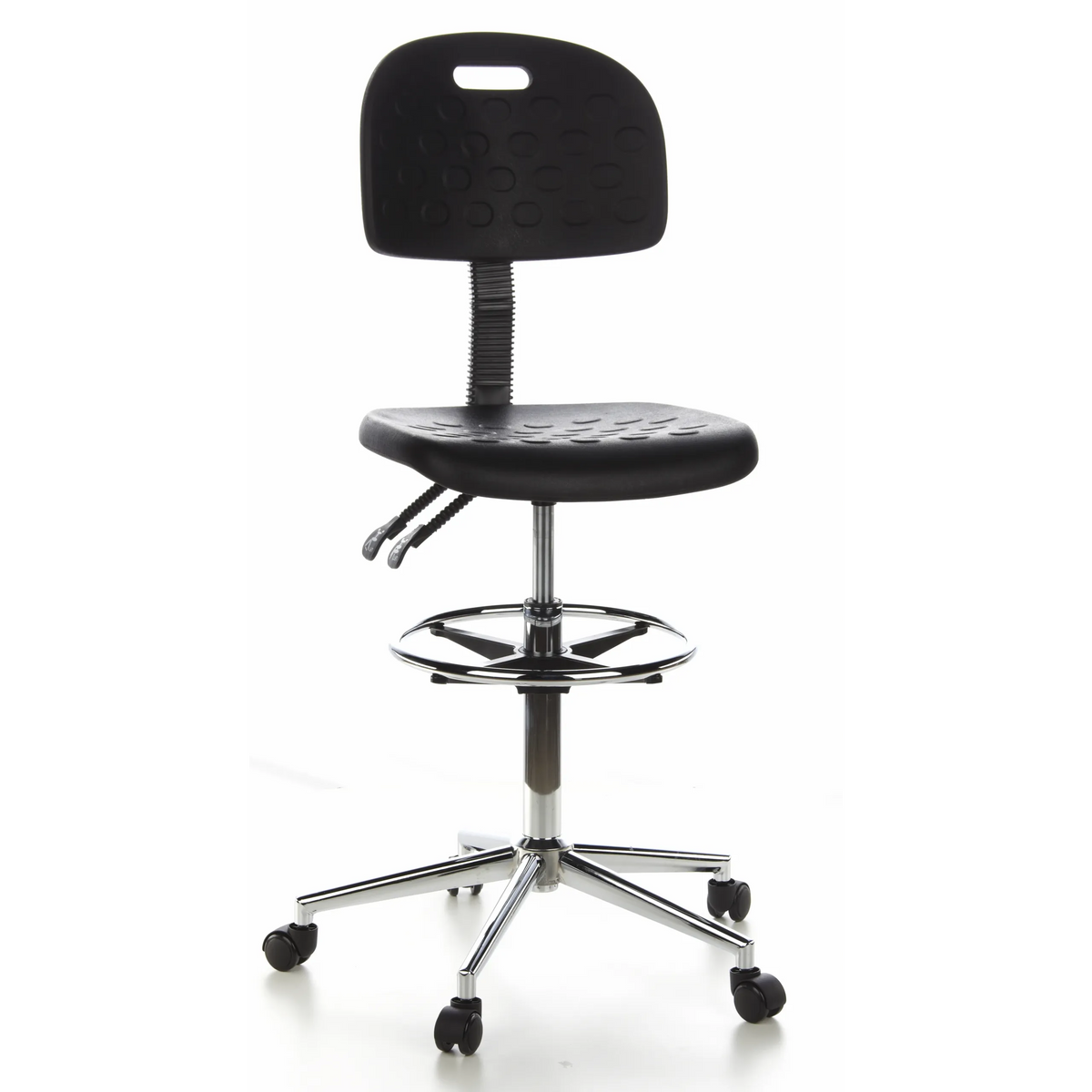 Silla de mostrador negra TOP WORK 23 con reposapiés y base de cinco ruedas de hjh OFFICE – vista de 360° (vista frontal 20°)
