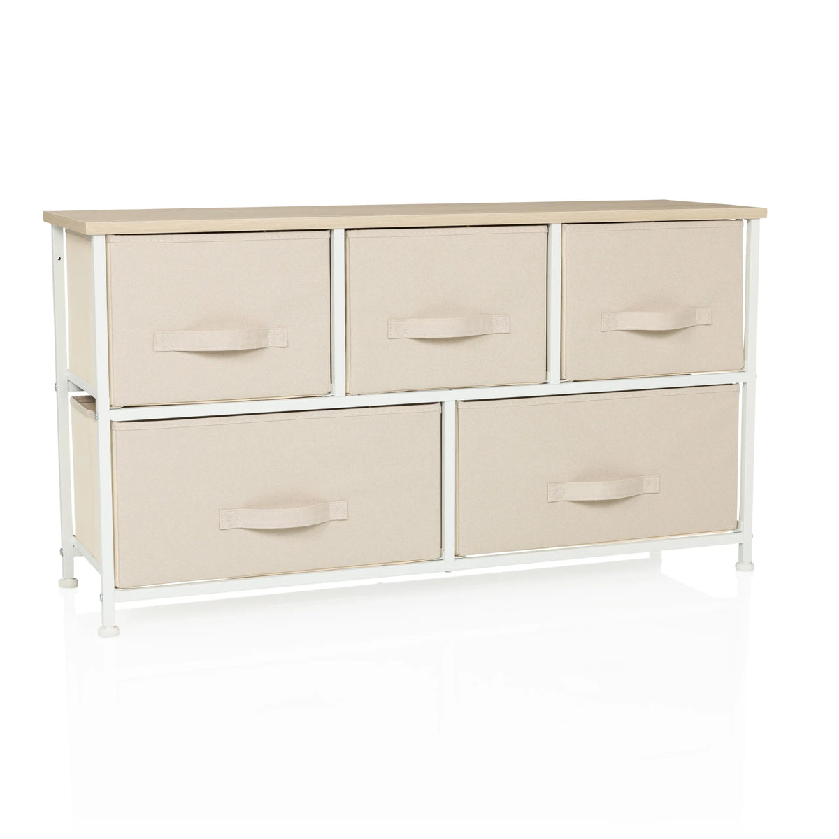 Cómoda beige FOLDAR con cinco cajones de tela y estructura blanca de hjh LIVING – vista de 360° (vista frontal 15°)