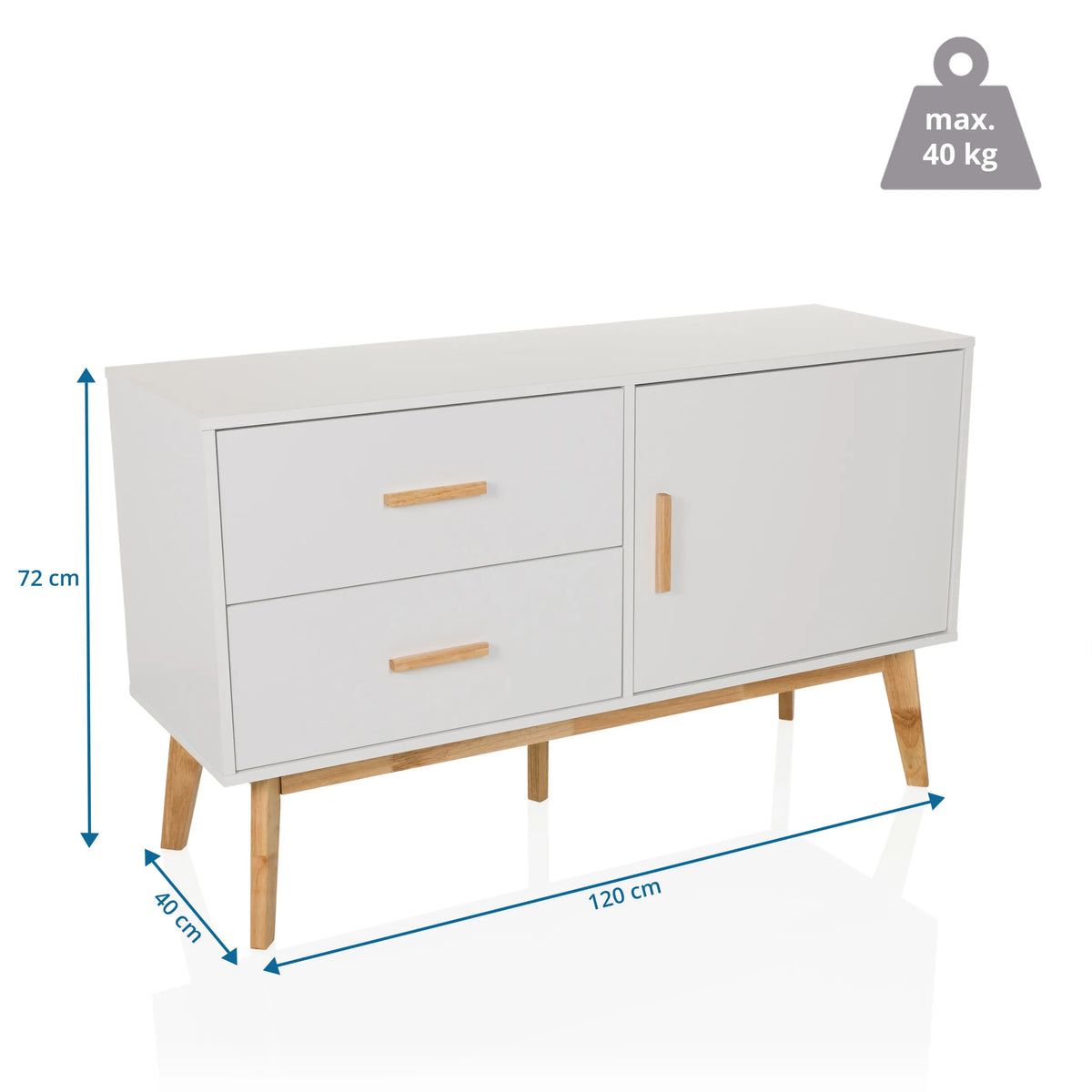 Vista de dimensiones del aparador TAROLO de 120 × 40 cm y una carga máxima de 40 kg de hjh LIVING
