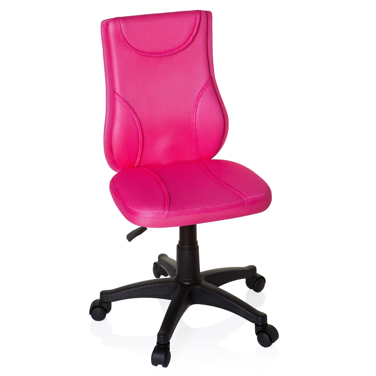 Silla giratoria para niños KIDDY BASE rosa con respaldo de malla y base negra de cinco ruedas de hjh OFFICE – vista de 360° (vista frontal 20°)
