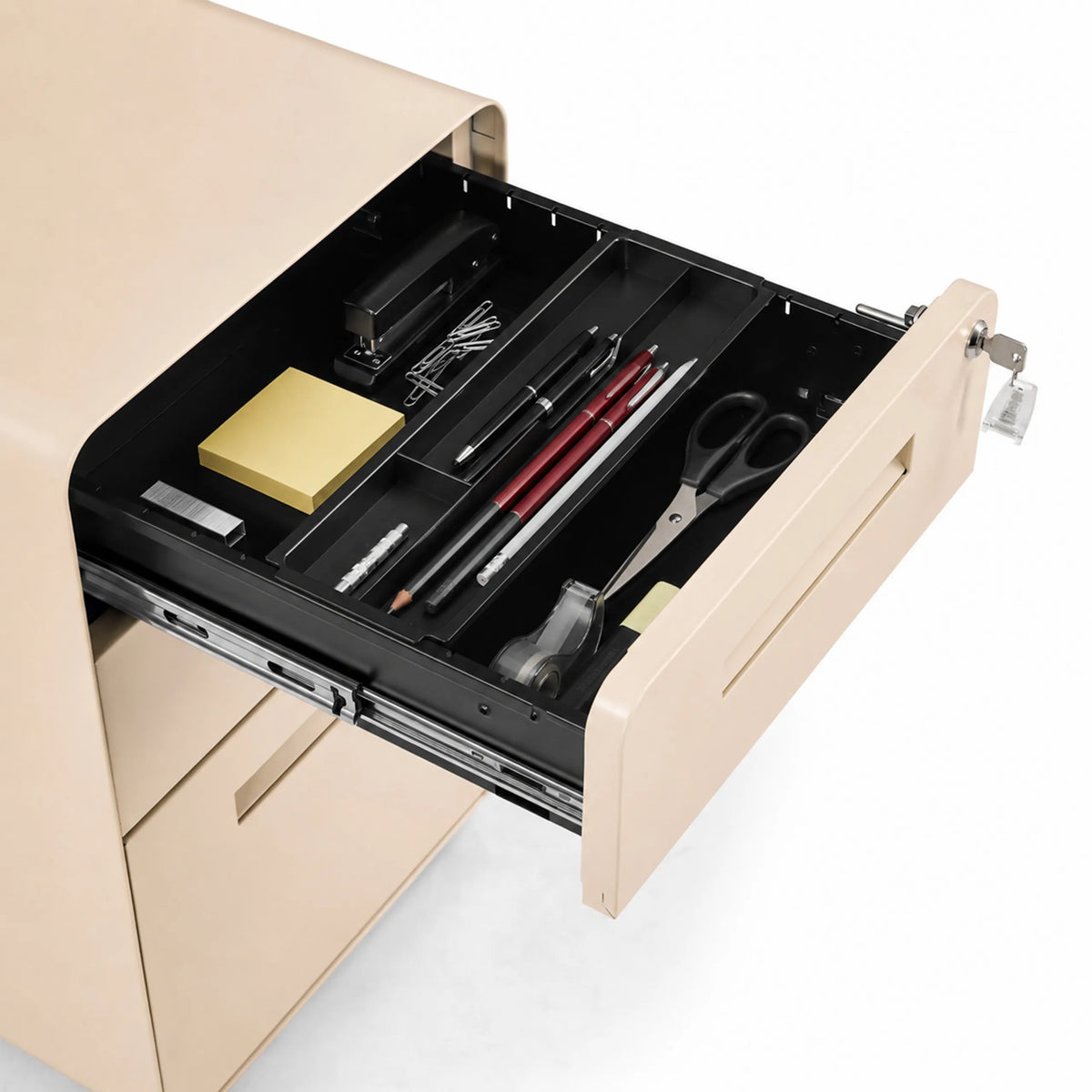 Cajón abierto con organizador y material de oficina del archivador rodante COLOR PLUS I en beige de hjh OFFICE