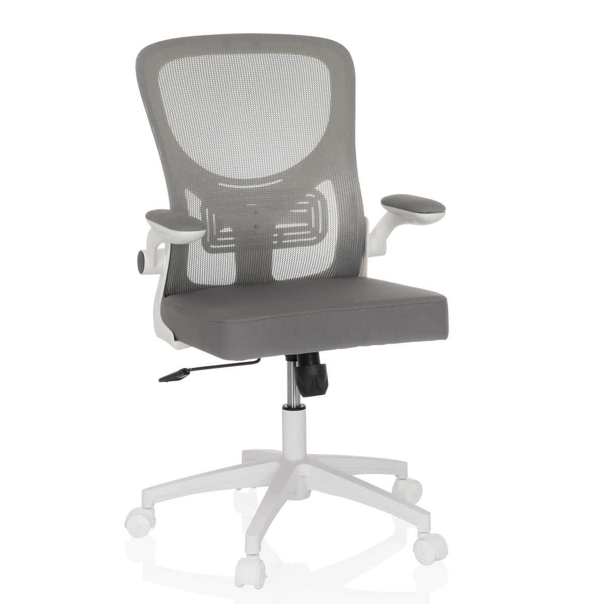 Silla Home Office BELIO W gris con respaldo de malla y base blanca de cinco ruedas de hjh OFFICE – vista de 360° (vista frontal 15°)