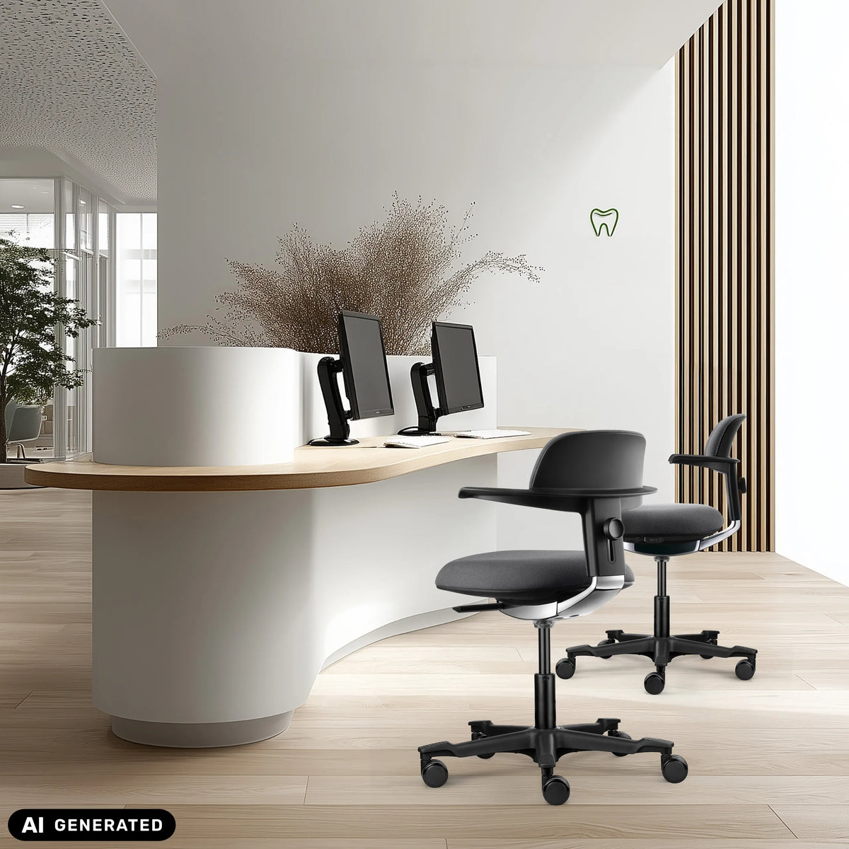 Dos sillas de trabajo WORK 40 gris oscuro en un mostrador de recepción curvo de hjh OFFICE (imagen generada por IA)